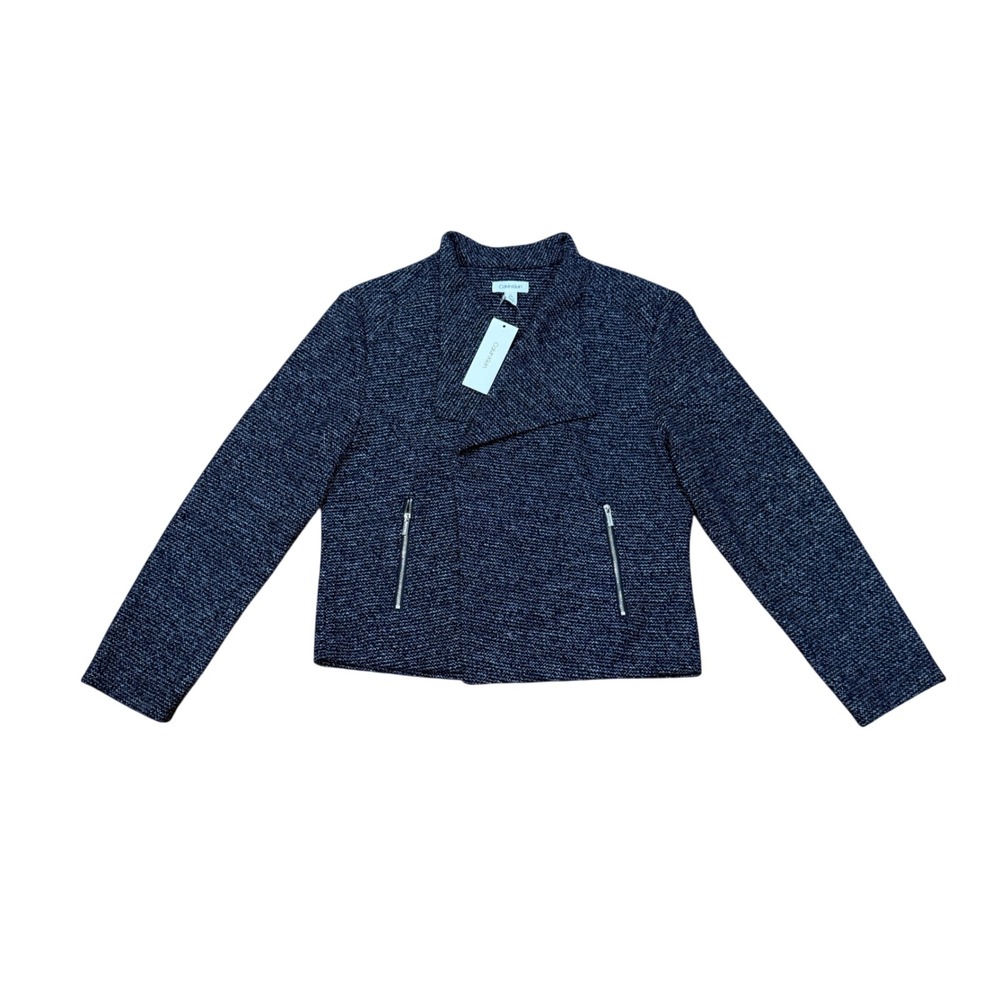 Calvin Klein Navy Tweed Moto Jacket Textured Open Front Blazer Women L NWT